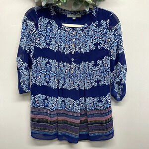 Daniel Rainn Blue Floral 3/4 Rolled Sleeve Tunic Blouse Pintuck Button Front XS